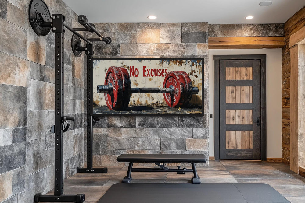 No Excuses Motivational Gym Framed Canvas Wall Art With Red Barbell Painting