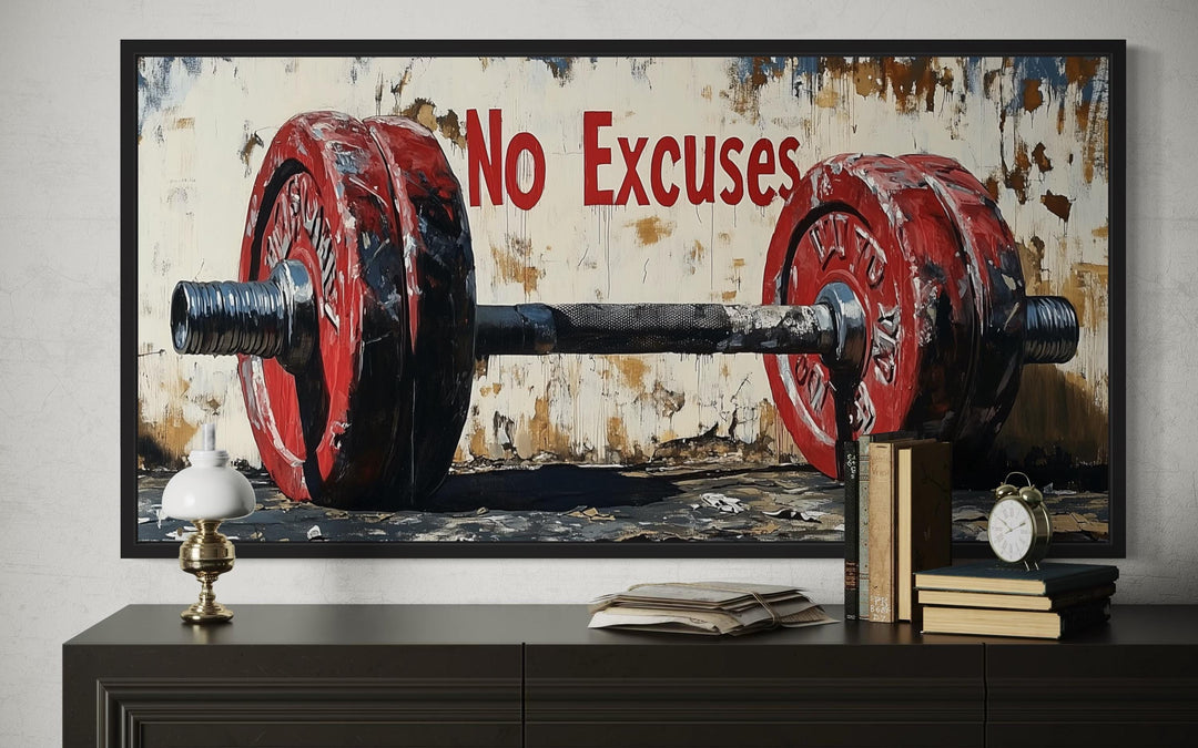 No Excuses Motivational Gym Framed Canvas Wall Art With Red Barbell Painting
