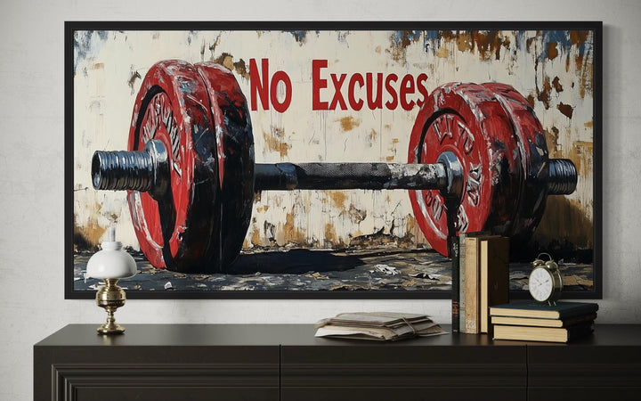 No Excuses Motivational Gym Framed Canvas Wall Art With Red Barbell Painting
