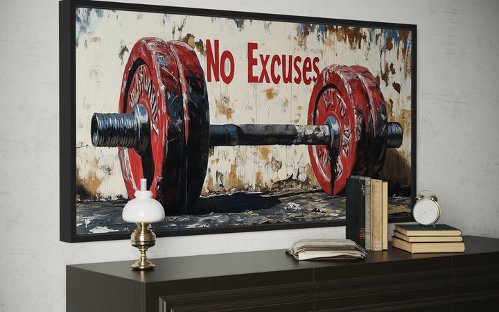 No Excuses Motivational Gym Framed Canvas Wall Art With Red Barbell Painting