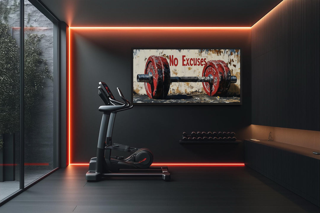No Excuses Motivational Gym Framed Canvas Wall Art With Red Barbell Painting