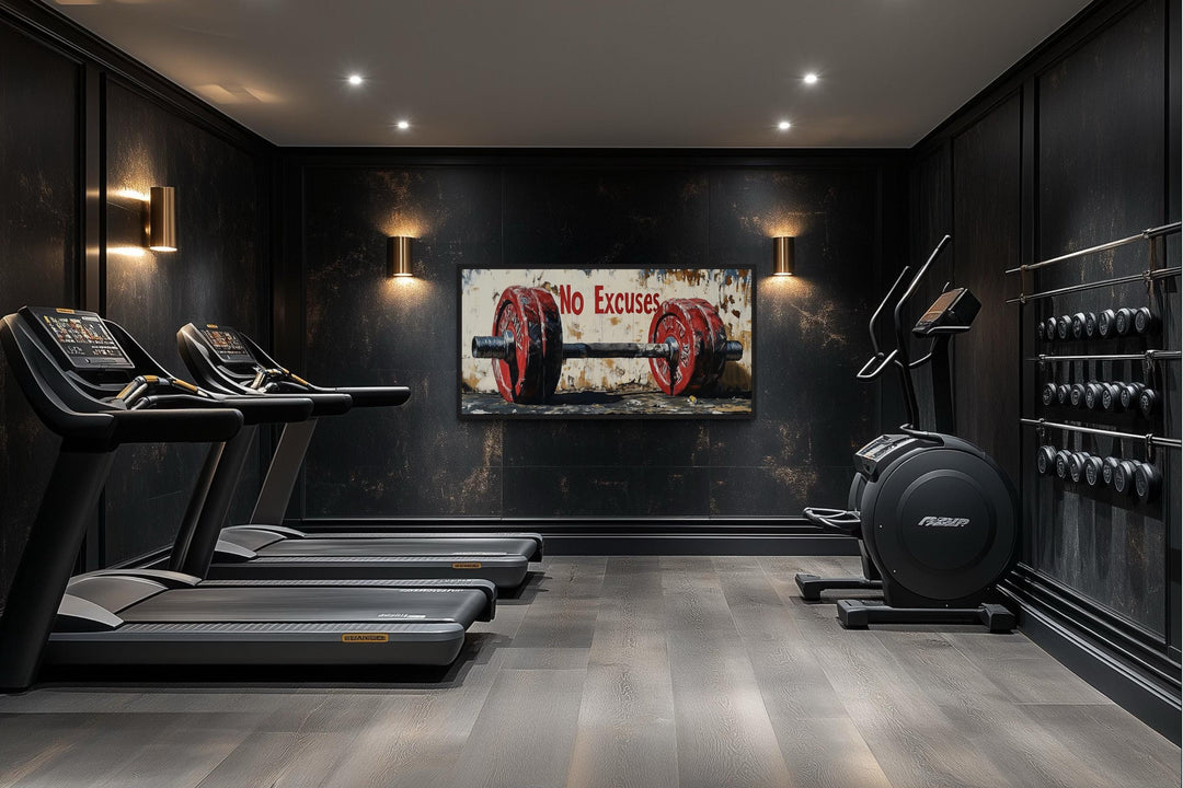 No Excuses Motivational Gym Framed Canvas Wall Art With Red Barbell Painting