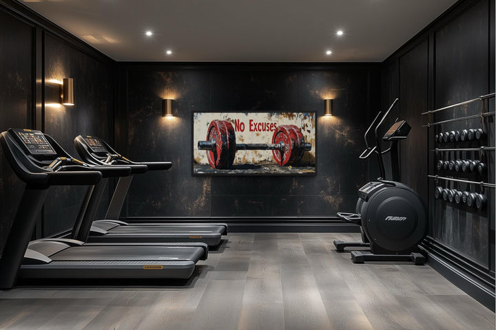 No Excuses Motivational Gym Framed Canvas Wall Art With Red Barbell Painting
