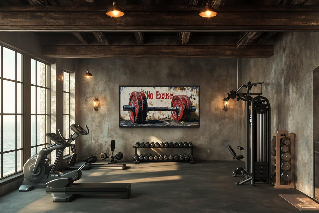 No Excuses Motivational Gym Framed Canvas Wall Art With Red Barbell Painting