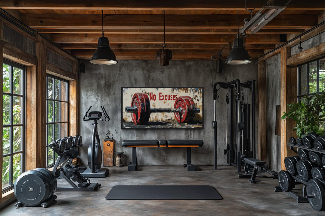 No Excuses Motivational Gym Framed Canvas Wall Art With Red Barbell Painting