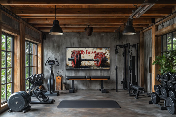 No Excuses Motivational Gym Framed Canvas Wall Art With Red Barbell Painting
