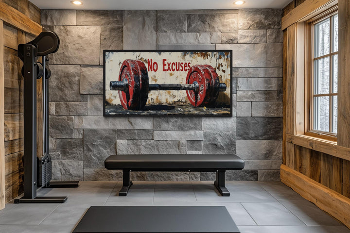 No Excuses Motivational Gym Framed Canvas Wall Art With Red Barbell Painting