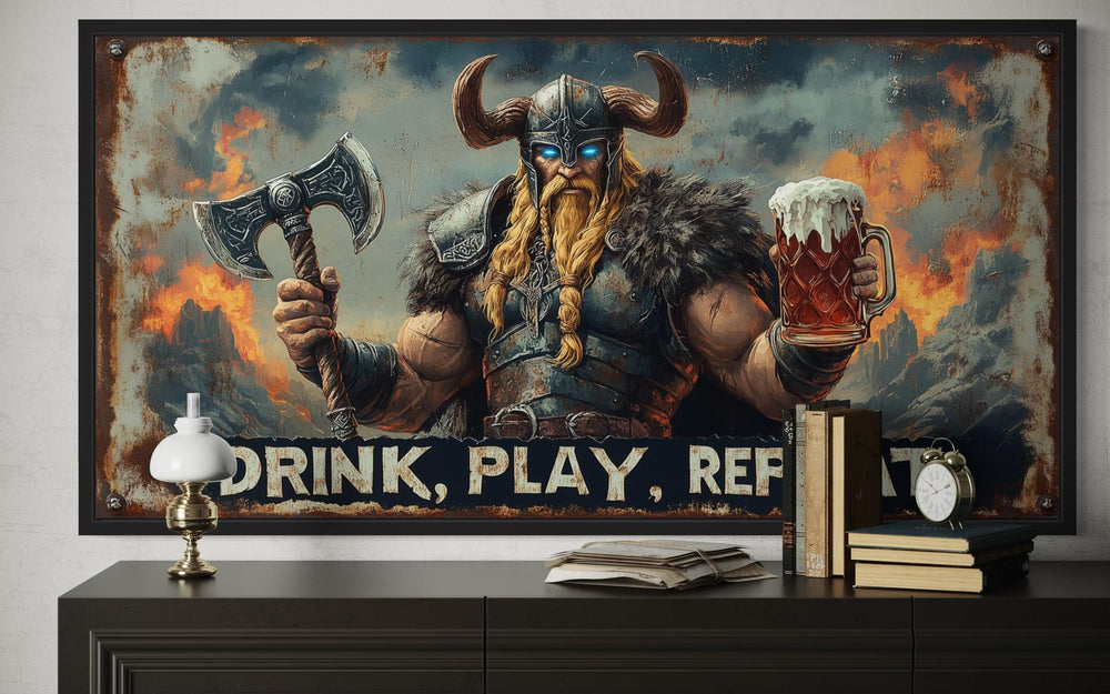 Nordic Bar Sign Wall Art - Viking Man Cave Drink Play Repeat Canvas Print