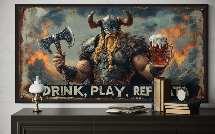 Nordic Bar Sign Wall Art - Viking Man Cave Drink Play Repeat Canvas Print