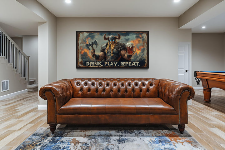 Nordic Bar Sign Wall Art - Viking Man Cave Drink Play Repeat Canvas Print