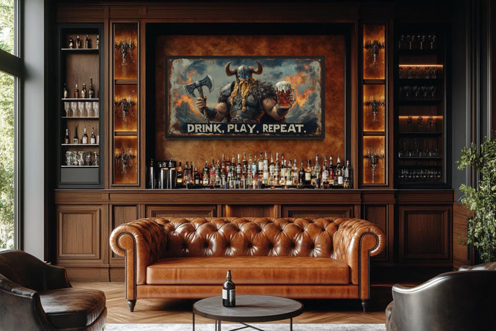 Nordic Bar Sign Wall Art - Viking Man Cave Drink Play Repeat Canvas Print