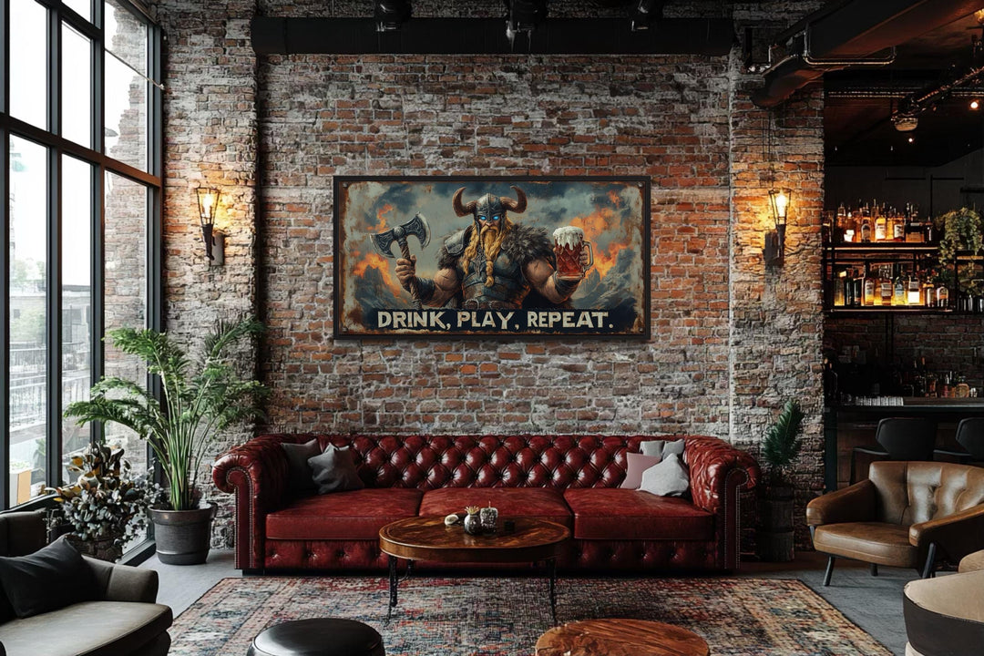 Nordic Bar Sign Wall Art - Viking Man Cave Drink Play Repeat Canvas Print