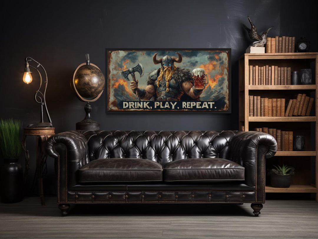 Nordic Bar Sign Wall Art - Viking Man Cave Drink Play Repeat Canvas Print