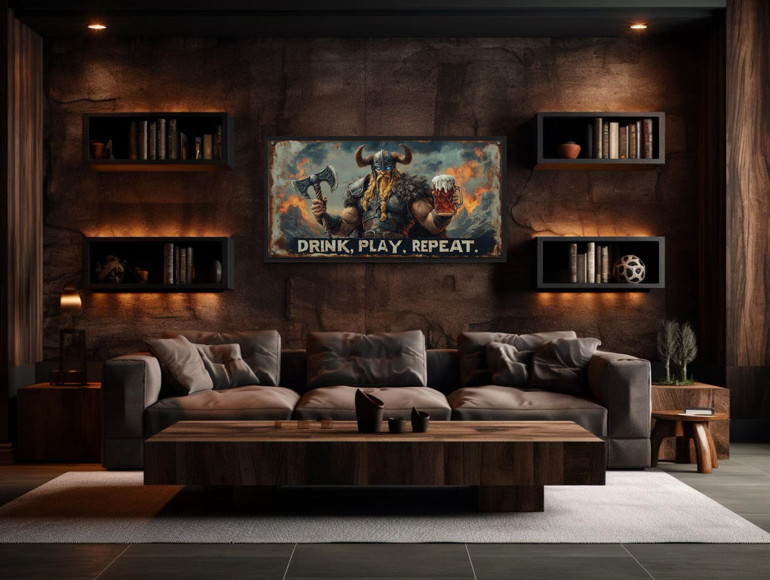 Nordic Bar Sign Wall Art - Viking Man Cave Drink Play Repeat Canvas Print