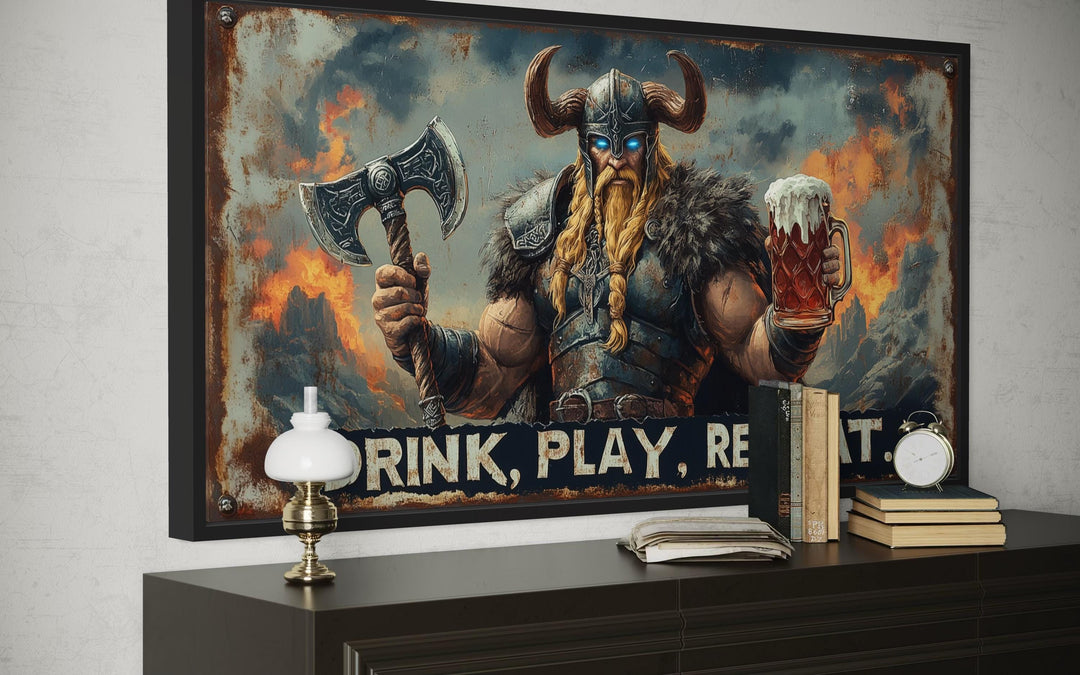 Nordic Bar Sign Wall Art - Viking Man Cave Drink Play Repeat Canvas Print