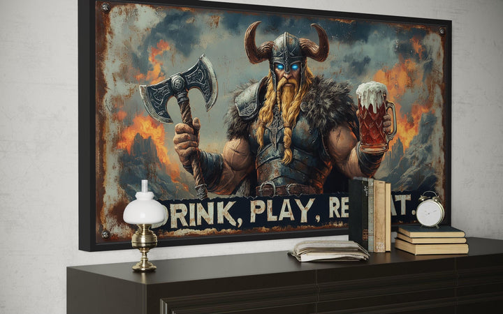 Nordic Bar Sign Wall Art - Viking Man Cave Drink Play Repeat Canvas Print