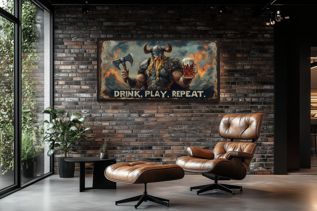 Nordic Bar Sign Wall Art - Viking Man Cave Drink Play Repeat Canvas Print
