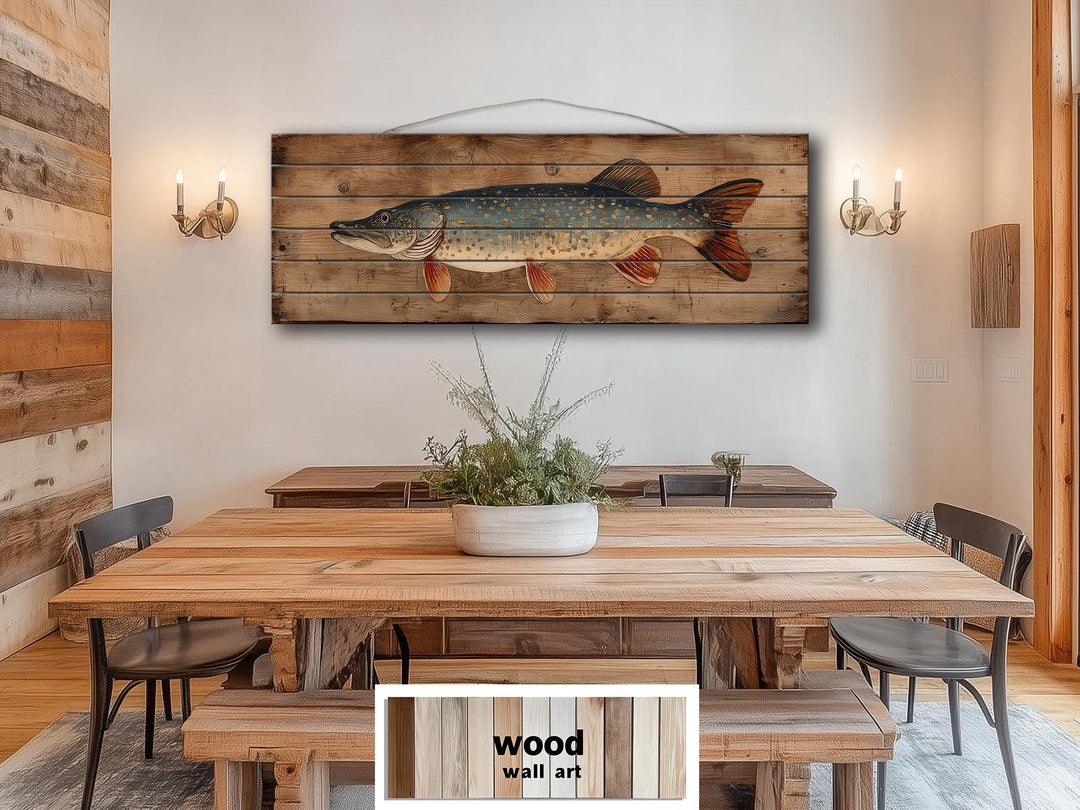 Northern Pike Distressed Wood Wall Art, Rustic Fishing Cabin Print On Wood Planks, Long Horizontal Lakehouse Angler Wall Decor