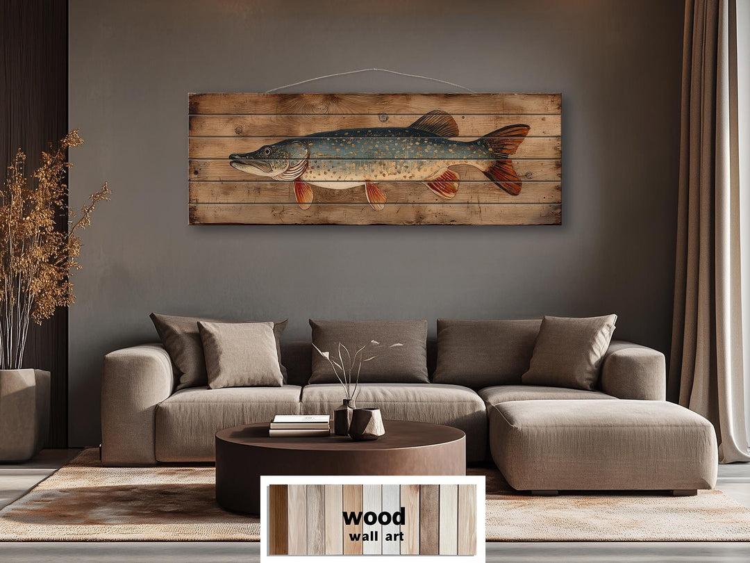 Northern Pike Distressed Wood Wall Art, Rustic Fishing Cabin Print On Wood Planks, Long Horizontal Lakehouse Angler Wall Decor