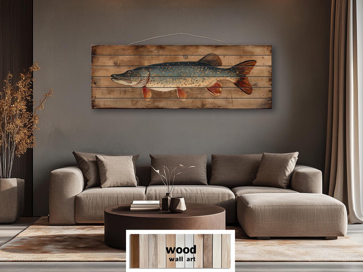 Northern Pike Distressed Wood Wall Art, Rustic Fishing Cabin Print On Wood Planks, Long Horizontal Lakehouse Angler Wall Decor