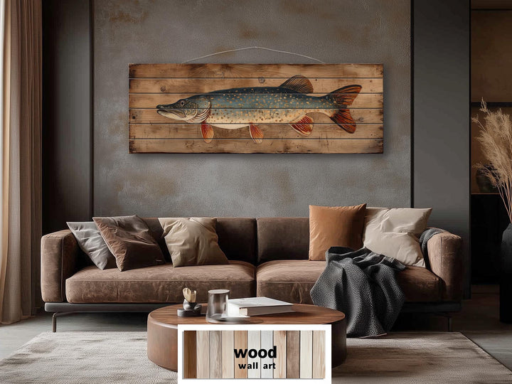 Northern Pike Distressed Wood Wall Art, Rustic Fishing Cabin Print On Wood Planks, Long Horizontal Lakehouse Angler Wall Decor