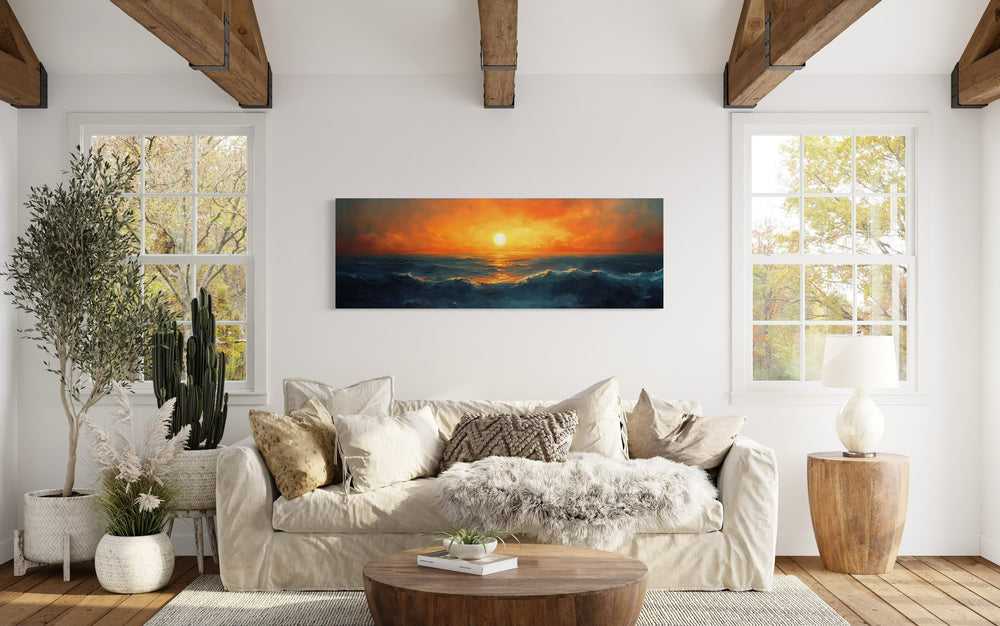 Ocean Sunset Long Horizontal Above Bed Framed Canvas Wall Art