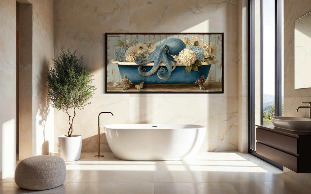 Octopus In Bathtub With Flowers Canvas Wall Art