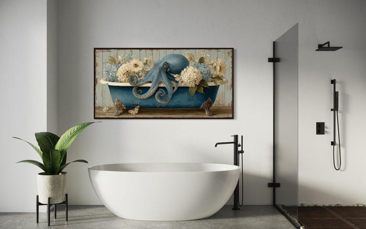 Octopus In Bathtub With Flowers Canvas Wall Art