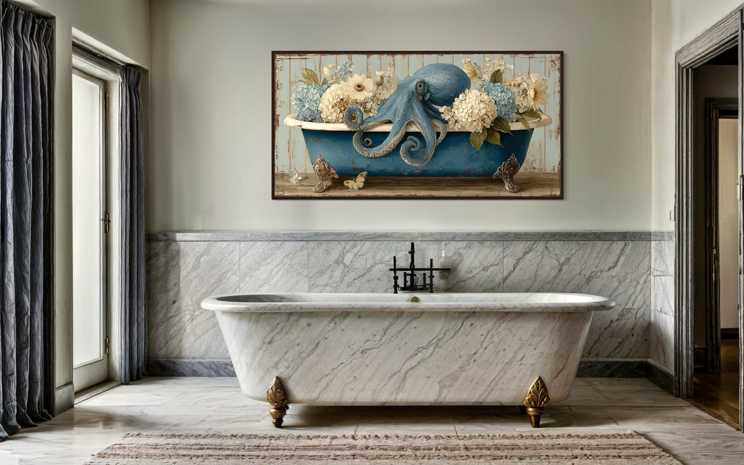 Octopus In Bathtub With Flowers Canvas Wall Art