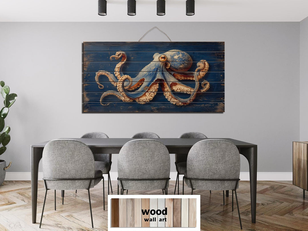 Octopus On Navy Blue Distressed Wood Wall Art