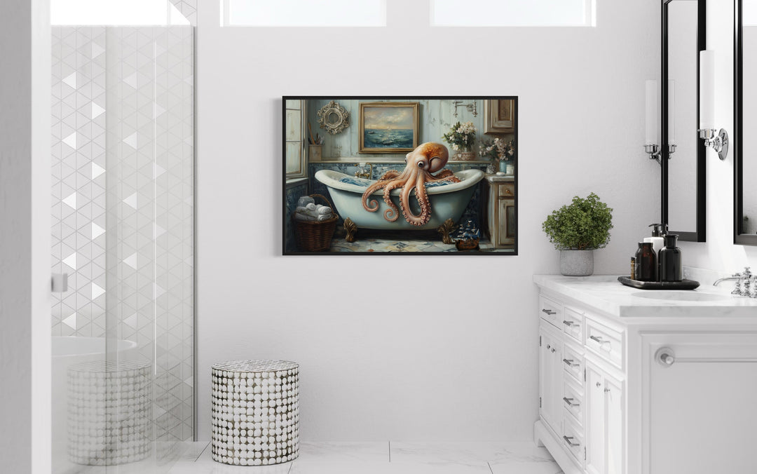 Octopus in a Bathtub Framed Canvas Wall Art