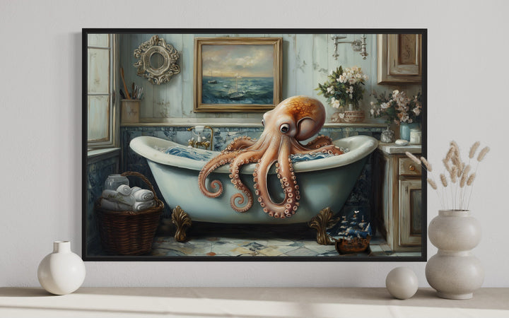 Octopus in a Bathtub Framed Canvas Wall Art