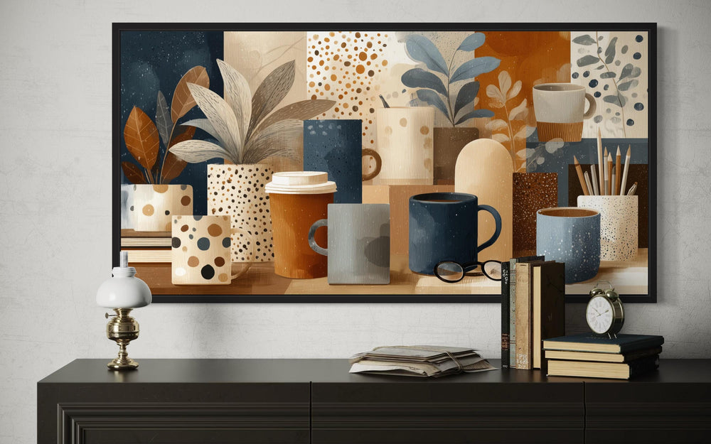 Office Wall Art – Blue Brown Modern Still Life With Books, Mugs, Stationary And Plants