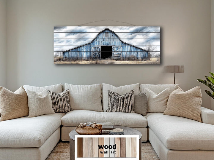 Old Blue Barn Long Horizontal Real Wood Wall Art
