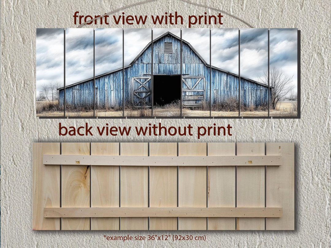 Old Blue Barn Long Horizontal Real Wood Wall Art