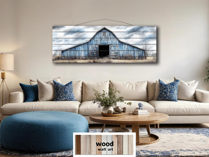 Old Blue Barn Long Horizontal Real Wood Wall Art