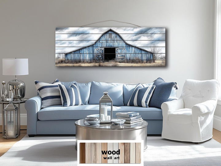 Old Blue Barn Long Horizontal Real Wood Wall Art