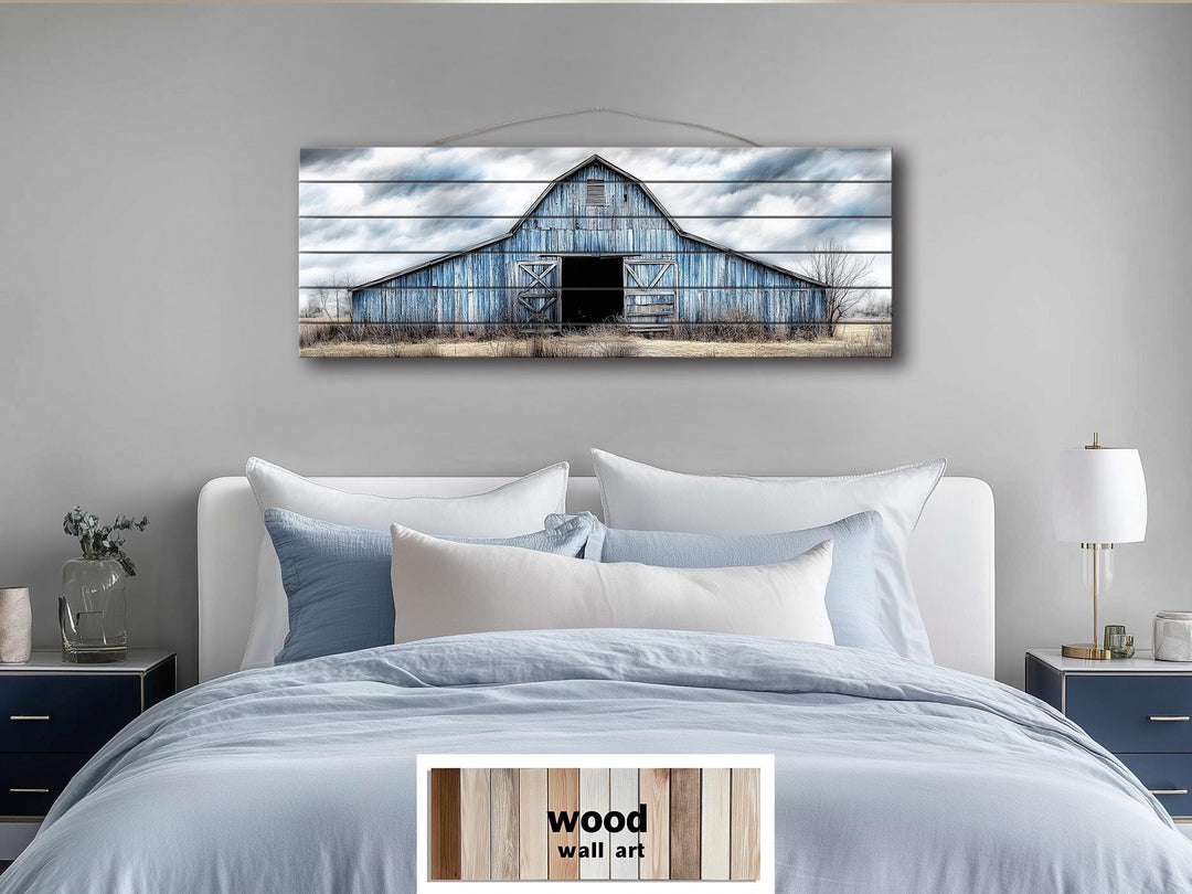 Old Blue Barn Long Horizontal Real Wood Wall Art