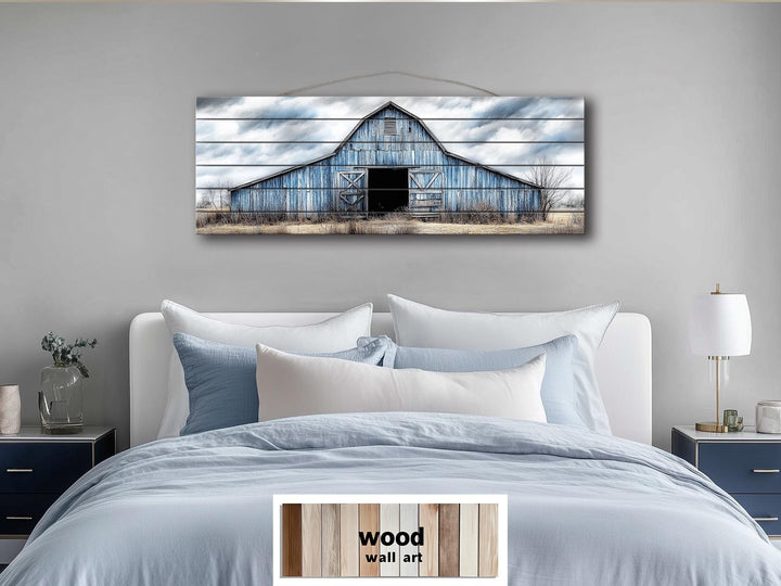 Old Blue Barn Long Horizontal Real Wood Wall Art