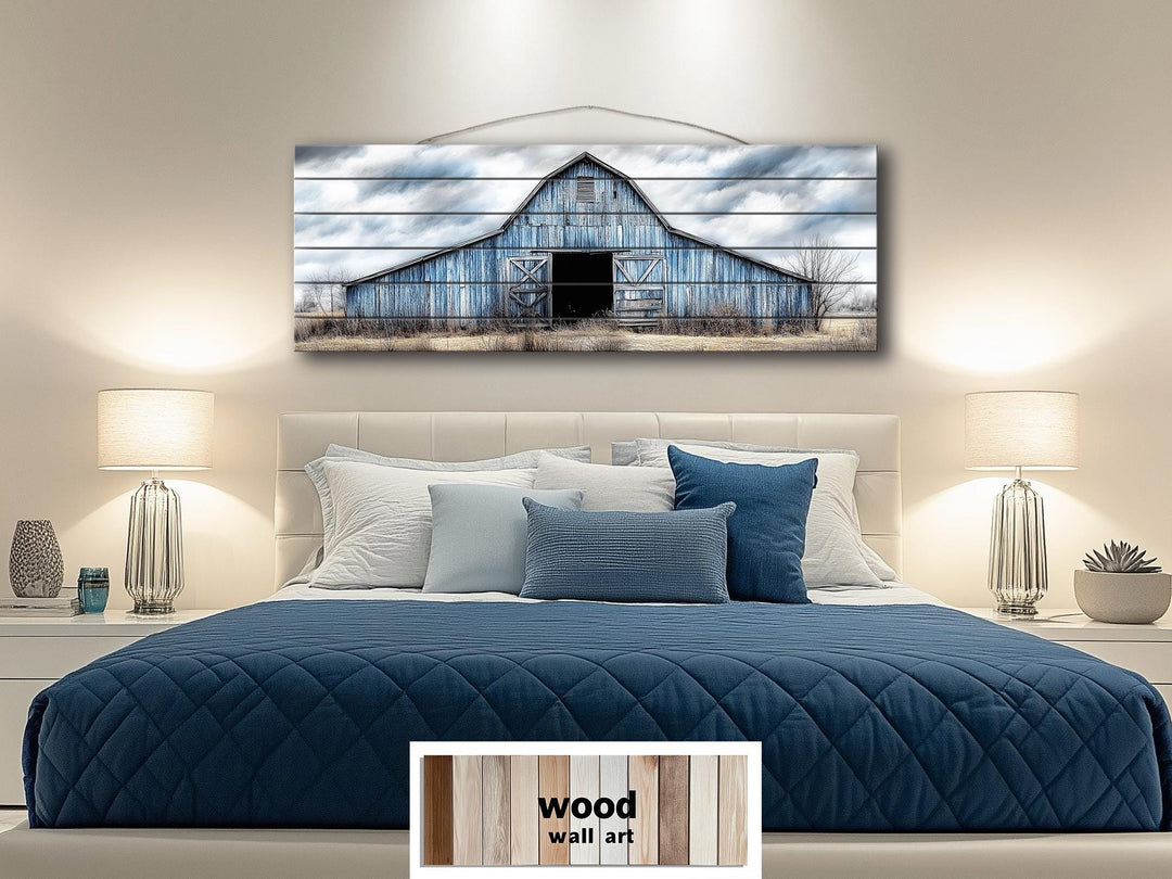 Old Blue Barn Long Horizontal Real Wood Wall Art