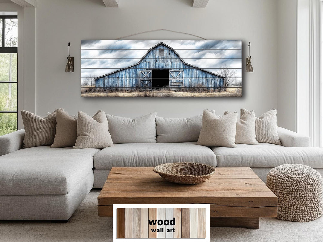 Old Blue Barn Long Horizontal Real Wood Wall Art