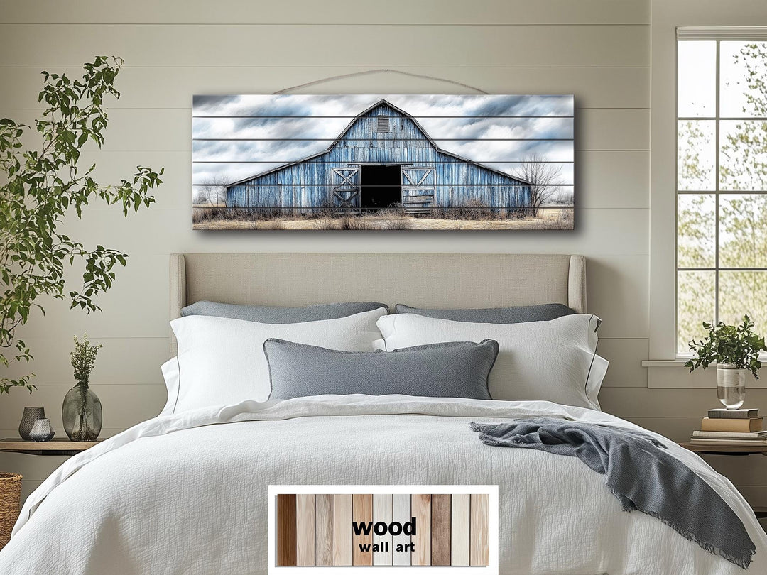 Old Blue Barn Long Horizontal Real Wood Wall Art