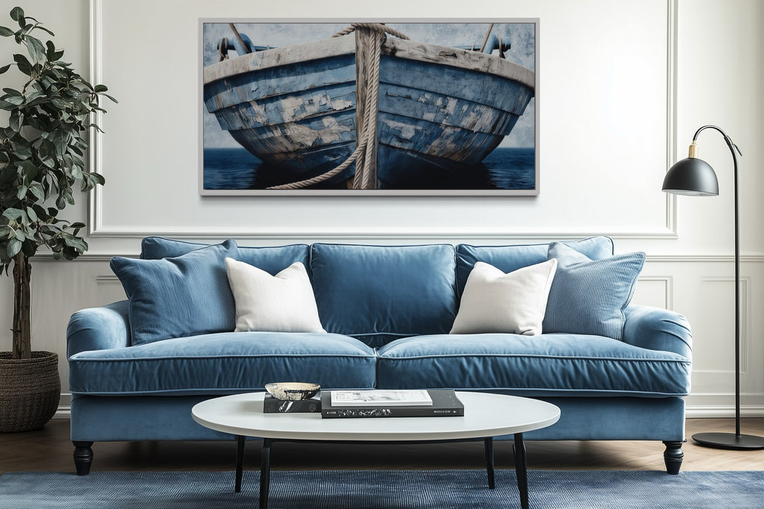 Old Blue White Rustic Boat Nautical Framed Canvas Wall Art