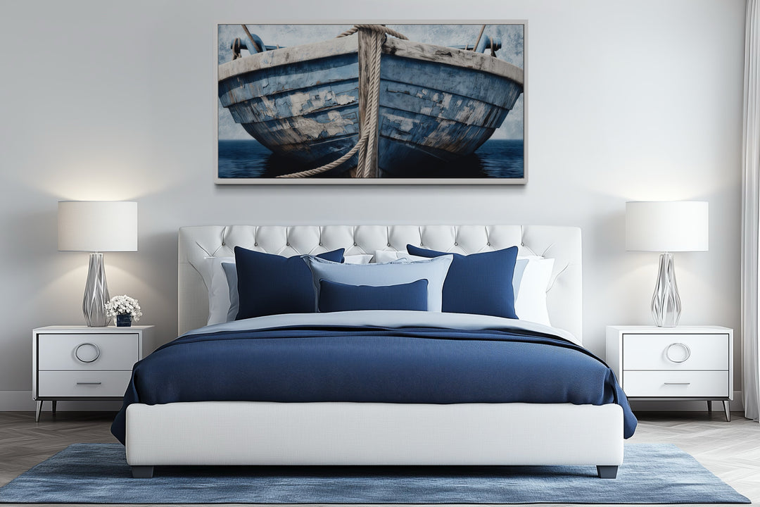 Old Blue White Rustic Boat Nautical Framed Canvas Wall Art