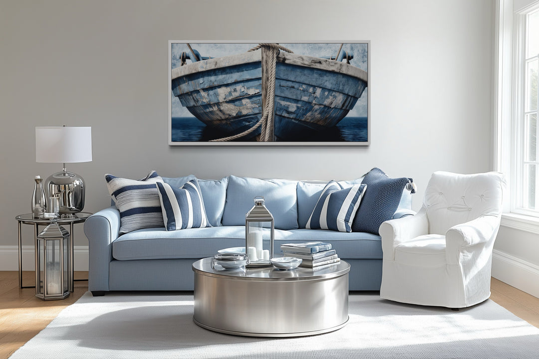 Old Blue White Rustic Boat Nautical Framed Canvas Wall Art