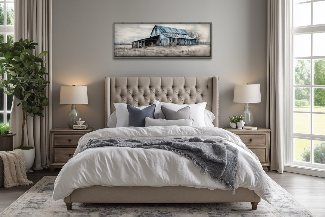Old Rustic Blue Barn Painting On Wood Long Horizontal Framed Canvas Wall Art