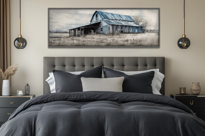 Old Rustic Blue Barn Painting On Wood Long Horizontal Framed Canvas Wall Art