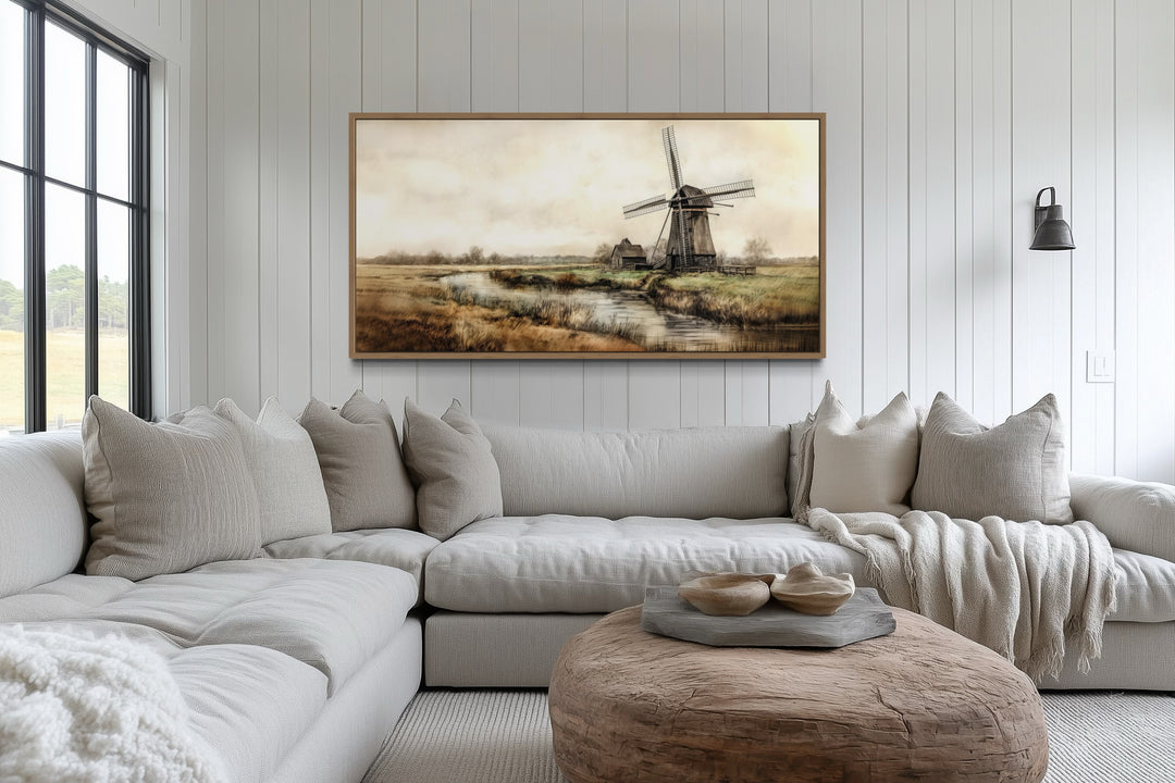 Old Windmill In The Farm Field Vintage Framed Canvas Wall Art