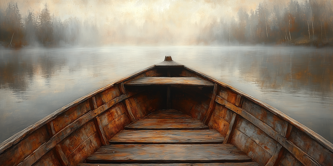 Old Wooden Brown Boat Nose In Misty Lake Framed Canvas Wall Art For Cabin Decor