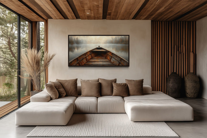 Old Wooden Brown Boat Nose In Misty Lake Framed Canvas Wall Art For Cabin Decor